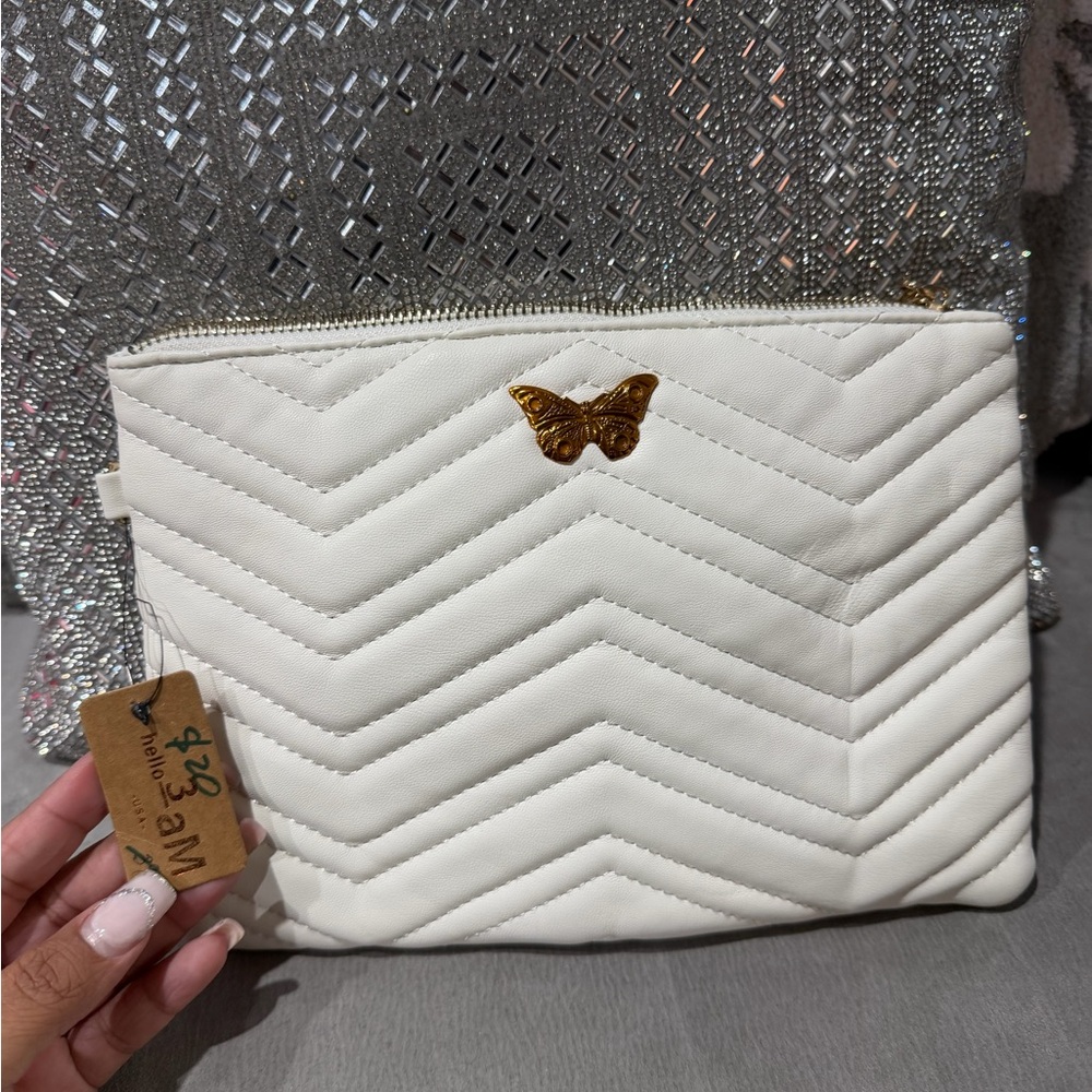 Elegant White Chevron Clutch with Gold Butterfly